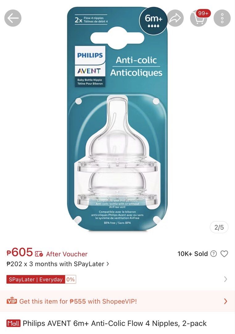Philips AVENT 6m+ Anti-Colic Flow 4 Nipples, 2-pack (Category: Breastfeeding & Bottle Feeding) located in Paranaque City. Submitted by eunicevmontes (Listing ID 1459484175, Image 1). Description: Philips AVENT 6m+ Anti-Colic Flow 4 Nipples, 2pcs each pack. I have 3 packs (2 bottle nipple each pack). Brand New. Wrong order of bottle nipple🥲 Bought at Php 605 per pack (2pcs bottle nipple per pack) but selling now at discounted price. Again, BRAND 
