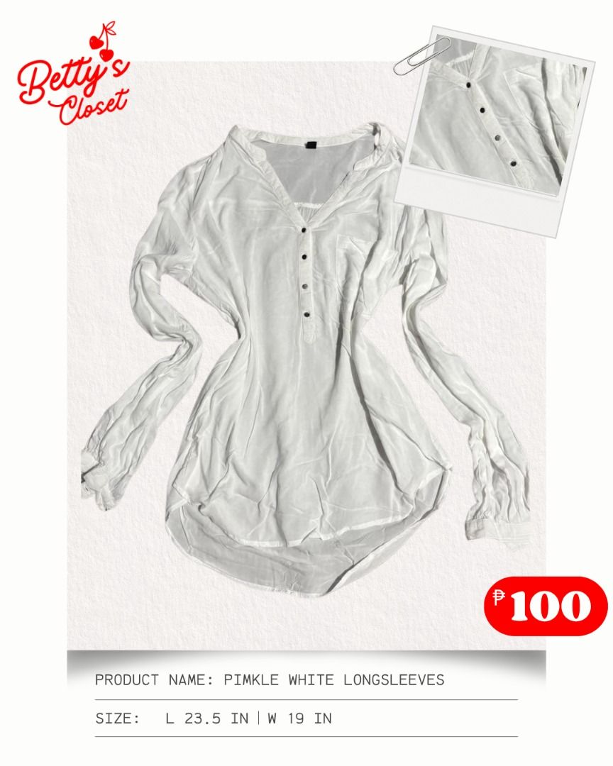 Pimkle White Longsleeves (Category: Longsleeves) located in Manila. Submitted by bettys.closet (Listing ID 1459428742, Image 1). Description: BETTY’S CLOSET 🧺💕 W 19 IN L 23.5 IN NO ISSUE 📍 Location: Quezon City 💸 MOP: GCash / MariBank 🚚 Courier: Lalamove / J&T Please check the size and measurements posted in each item before claiming. Colors may slightly vary depending on the lighting and your screen..