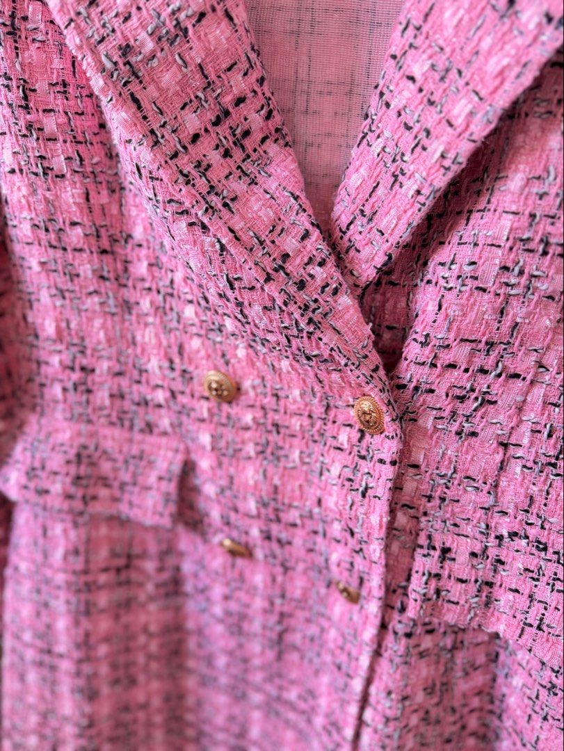 Pink Tweed Blazer (Category: Coats, Jackets and Outerwear) located in Santa Rosa. Submitted by rainscloset29 (Listing ID 1459293610, Image 3). Description: Pink tweed blazer with gold-tone buttons and a structured, slightly relaxed fit. Fully lined and easy to dress up or down. * Size S * Worn once only * Excellent condition * No visible stains or major flaws Perfect for work, brunch, events, or travel. Selling because decluttering / no longer ge