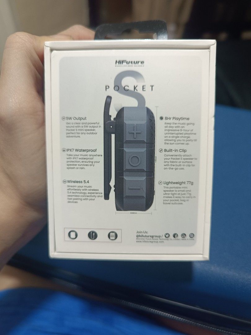 Pocket S Portable Bluetooth Speaker (HiFuture Pocket S) (Category: Soundbars, Speakers & Amplifiers) located in Manila. Submitted by geil_asentado (Listing ID 1459487871, Image 2). Description: "HiFuture Pocket S" Key Specifications: ✅Audio Output: 5WBluetooth ✅Version: Wireless 5.4 ✅Waterproof Rating: IPX7 ✅Battery Life: Up to 8 hours of playtime.