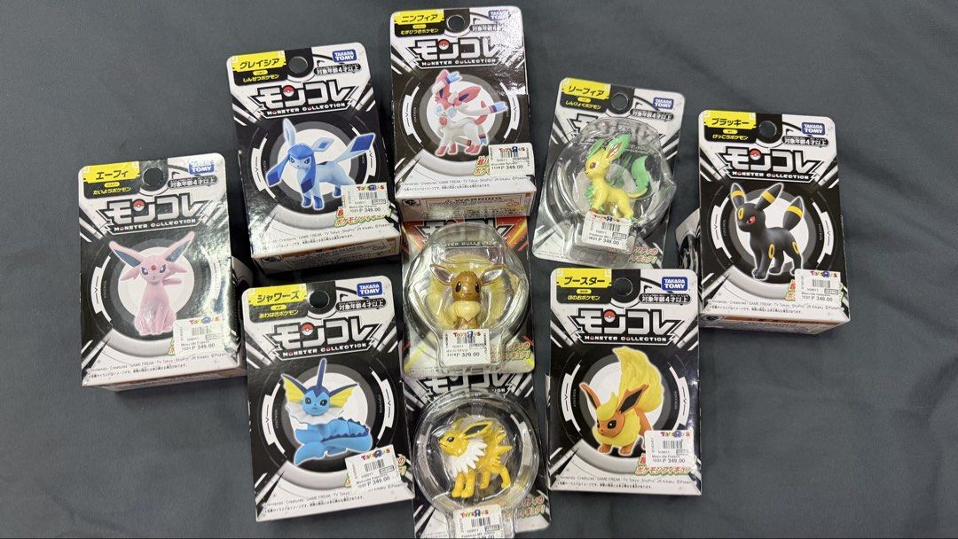 Pokemon Eeveelution set figures (Category: Figurines & Statues) located in Davao. Submitted by troylance (Listing ID 1459466636, Image 2). Description: 🌟 Tomy 🌟 Eevee and its evolutions as a set - ₱3,000 • all in mint condition, displayed only once or twice then back to box (BIB). • * Eevee - ₱200 * Vaporeon - ₱400 * Flareon - ₱350 * Jolteon - ₱350 * Espeon - ₱300 * Umbreon - ₱400 * Leafeon - ₱250 * Glaceon - ₱300 * Sylveon - ₱400 ✨ WHAT YOU SE