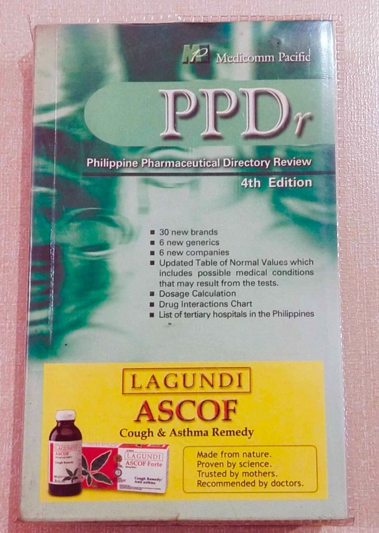PPD Philippine Pharmaceutical Directory Review 4th Edition (Category: Textbooks) located in Paranaque City. Submitted by leejay.vidal (Listing ID 1459322621, Image 1). Description: Note: Please read first before inquiring Hindi na ako magrereply kung nandito na ang sagot sa details ng ad. Philippine Pharmaceutical Directory Review 4th Edition Still in good condition. medyo yellowish ang pges pero walang sulat or punit. available hanggat nakapost.