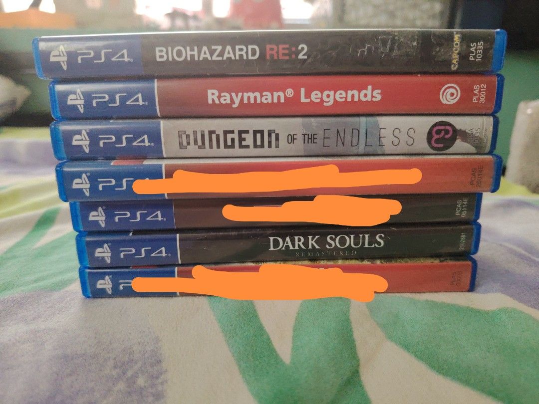 PS4 Games Bundle: Biohazard RE:2, Rayman, Dark Souls Remastered & More (Category: PlayStation) located in Manila. Submitted by brightstorm_f92d6e (Listing ID 1459411331, Image 1). Description: - Bundle of 6 PS4 games - Includes: Biohazard RE:2, Rayman Legends, Dungeon of the Endless, Dark Souls Remastered - Two (2) additional PS4 games included - All discs are for Playstation 4 - Perfect collection for any gamer.