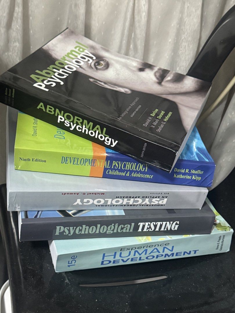 Psychology Textbooks take all (Category: Textbooks) located in Manila. Submitted by psychokenetic (Listing ID 1459442085, Image 1). Description: - Bundle of 5 Psychology Textbooks - Titles include: Abnormal Psychology, Developmental Psychology, Industrial & Organizational Psychology, Psychological Testing, and Experience Human Development - Great for Psychology students - Mostly 8th or 9th editions (check photos for specifics) - Perfect for your 