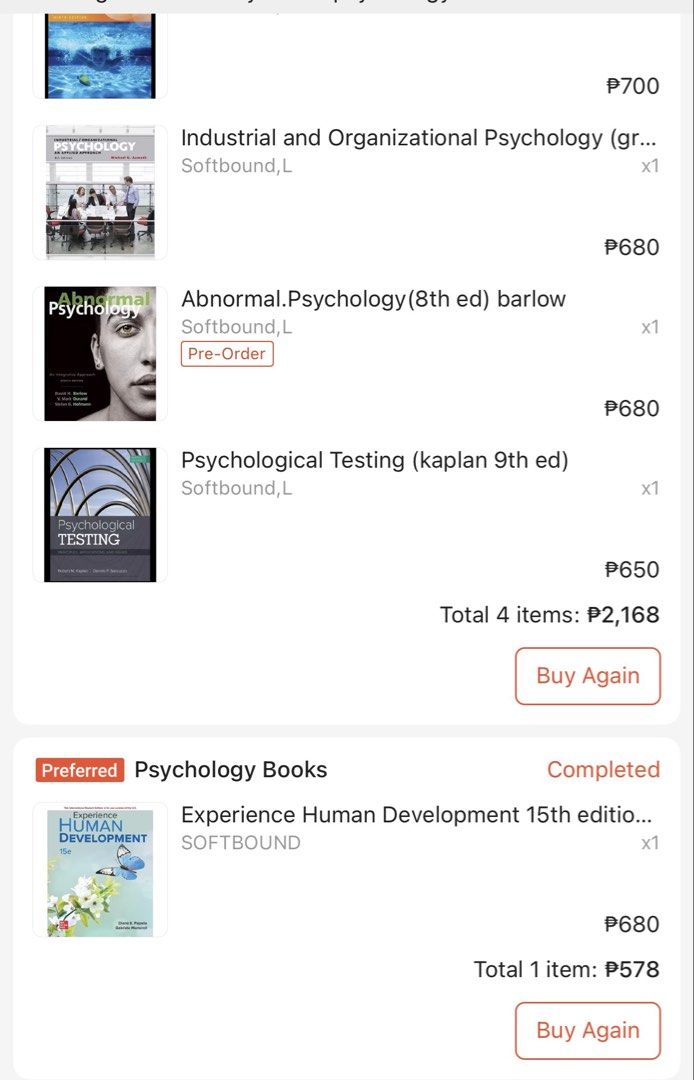 Psychology Textbooks take all (Category: Textbooks) located in Manila. Submitted by psychokenetic (Listing ID 1459442085, Image 2). Description: - Bundle of 5 Psychology Textbooks - Titles include: Abnormal Psychology, Developmental Psychology, Industrial & Organizational Psychology, Psychological Testing, and Experience Human Development - Great for Psychology students - Mostly 8th or 9th editions (check photos for specifics) - Perfect for your 