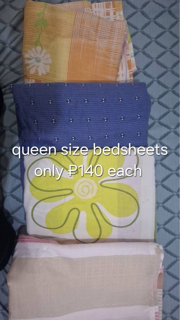 Queen Size Bedsheets with Pillowcases (Category: Bedding & Towels) located in Paranaque City. Submitted by captainthanos01 (Listing ID 1459410575, Image 2). Description: - Queen size bedsheets with 2 pillowcases - Available designs: Floral prints, Seashell prints, Plain cream - Price: P180 each for floral and seashell prints - Comfortable and perfect for upgrading your bedroom.