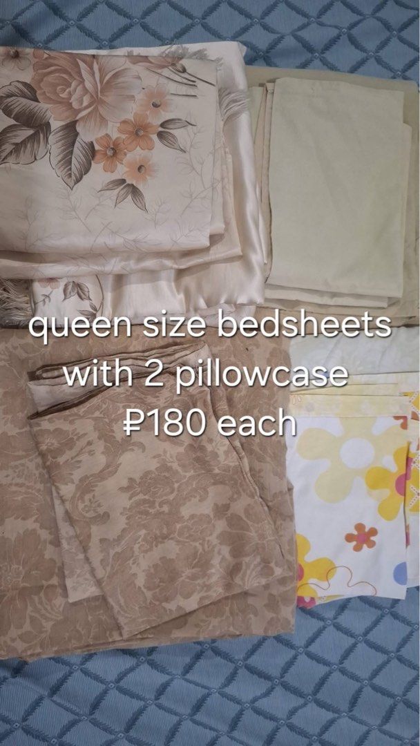 Queen Size Bedsheets with Pillowcases (Category: Bedding & Towels) located in Paranaque City. Submitted by captainthanos01 (Listing ID 1459410575, Image 1). Description: - Queen size bedsheets with 2 pillowcases - Available designs: Floral prints, Seashell prints, Plain cream - Price: P180 each for floral and seashell prints - Comfortable and perfect for upgrading your bedroom.