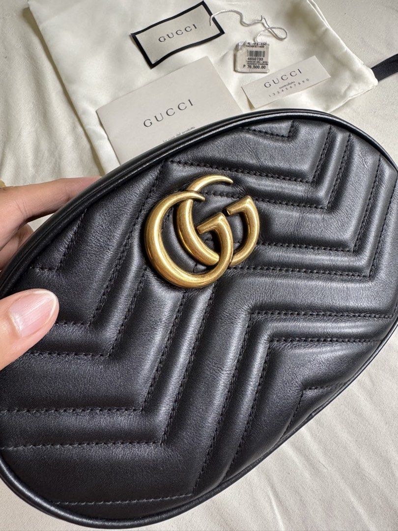 RARE 💯 Authentic Gucci Marmont Belt Bag (Category: Luxury Bags & Wallets) located in Makati City. Submitted by eucccuy (Listing ID 1459487620, Image 3). Description: RARE! This is the small size belt bag not the common mini so it fits the iphone pro max models perfectly (see photos for reference) Bought locally but selling low because the belt is a replacement already Comes with Dustbag, Care cards, & tag DM for queries!.