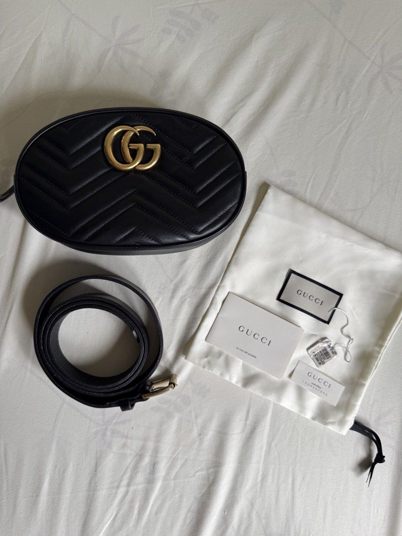 RARE 💯 Authentic Gucci Marmont Belt Bag (Category: Luxury Bags & Wallets) located in Makati City. Submitted by eucccuy (Listing ID 1459487620, Image 1). Description: RARE! This is the small size belt bag not the common mini so it fits the iphone pro max models perfectly (see photos for reference) Bought locally but selling low because the belt is a replacement already Comes with Dustbag, Care cards, & tag DM for queries!.