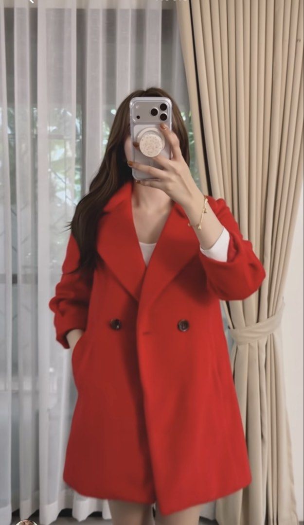 Red Double-Breasted Coat medium (Category: Coats, Jackets and Outerwear) located in Cainta. Submitted by coatclosetph (Listing ID 1459348061, Image 1). Description: - Cute red coat - Double-breasted style with two buttons - Features side pockets - Warm and stylish design - Ideal for cooler weather - Versatile for pairing with different outfits Cainta loc.
