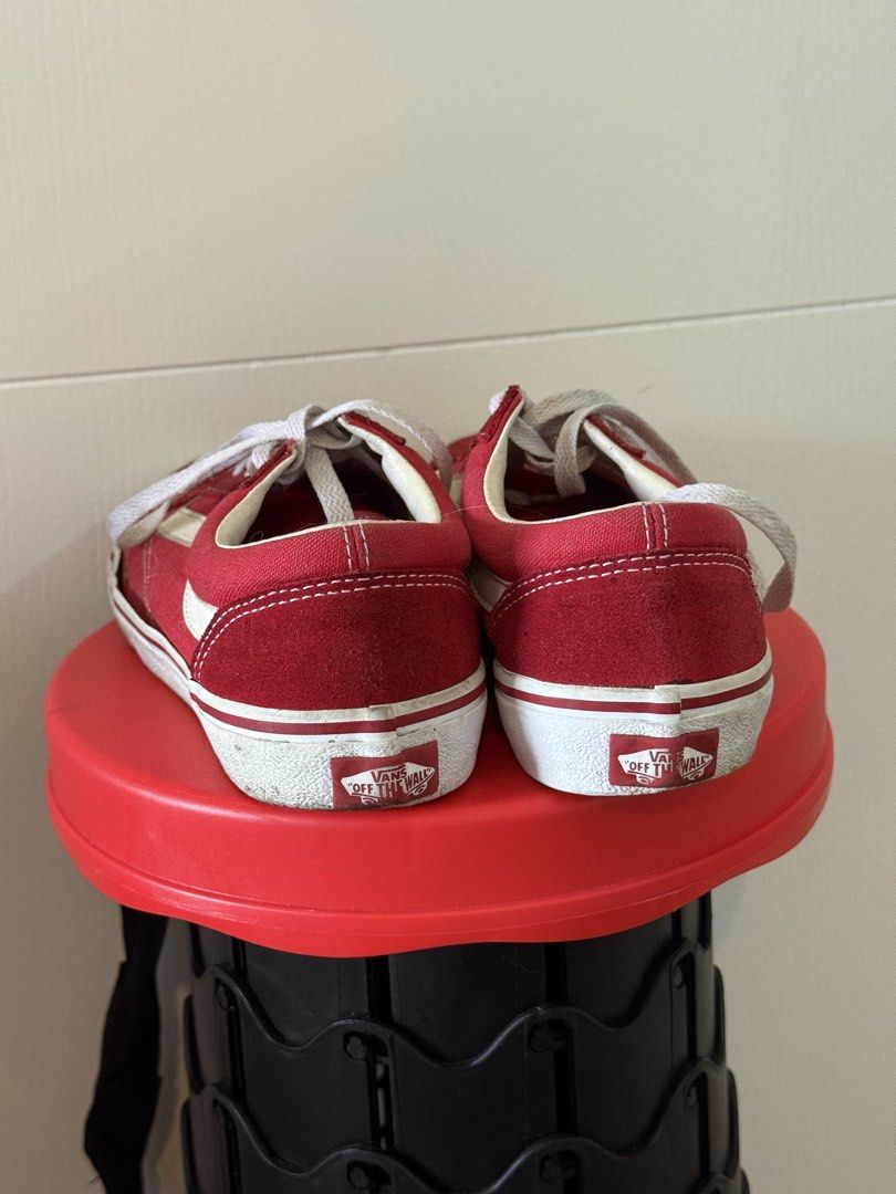Red Vans Old Skool Suede Sneakers (Category: Sneakers) located in Manila. Submitted by shopdancedhanice (Listing ID 1459318345, Image 3). Description: - Classic red Vans Old Skool sneakers - Suede material with iconic white side stripe - White laces - Soles show typical wear, consistent with use; needs repair on sides - Sold as is.