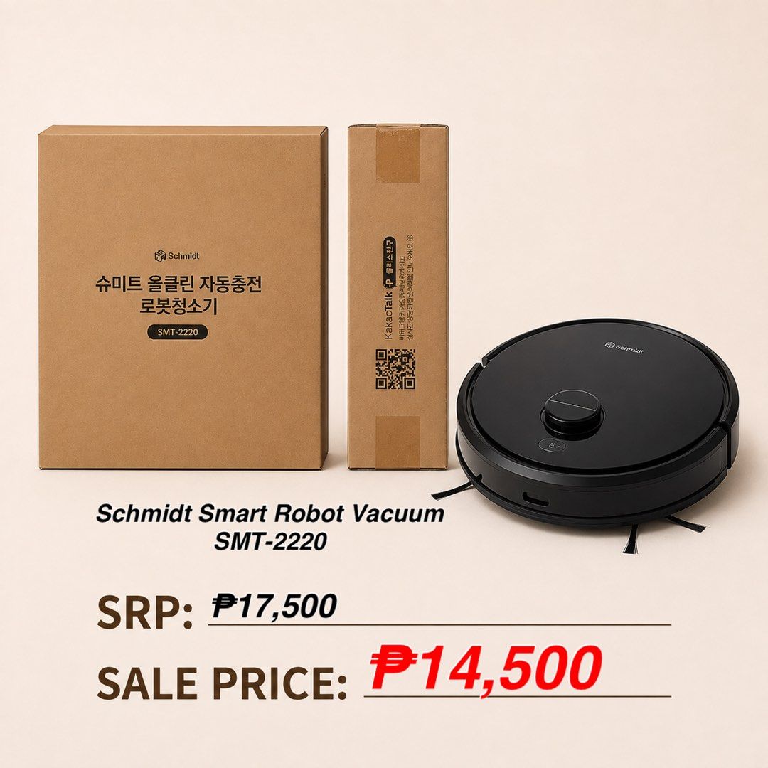 SCHMIDT ROBOT VACUUM CLEANER (RUSH SALE) -READ DESCRIPTION (Category: Vacuum Cleaner & Housekeeping) located in Makati City. Submitted by TZ.Collections (Listing ID 1459376402, Image 1). Description: 📍Salcedo, Makati - BRAND-NEW - LALAMOVE, MEET UP, SHIPPING via LBC, J&T. - FREE SHIPPING AROUND MAKATI - DON’T BE BARAT PO. FEATURES: * 🤖 Robot vacuum with automatic cleaning * 🔋 Automatic charging * 🧹 Dual cleaning function: dry vacuuming + wet 