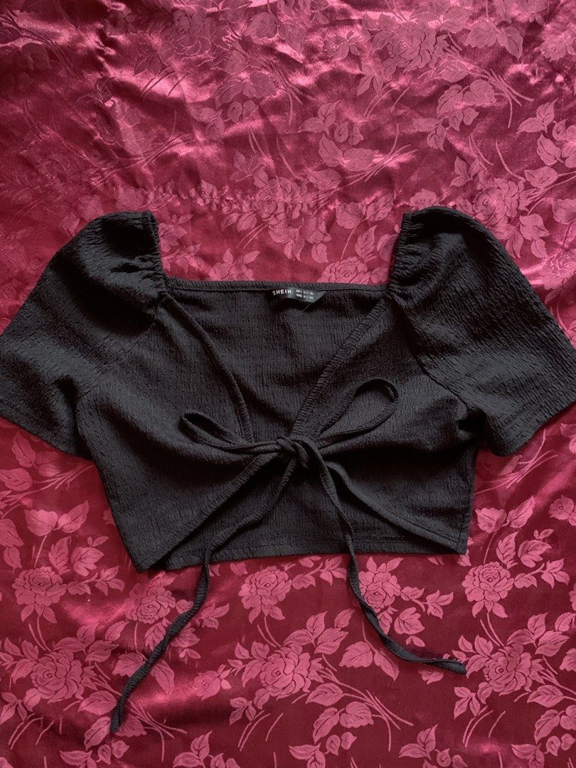 SHEIN Black Puff Sleeve Tie-Front Crop Top (Category: Others Tops) located in Quezon City. Submitted by cheann_ (Listing ID 1459369086, Image 1). Description: ~textured fabric ~soft and stretchy .