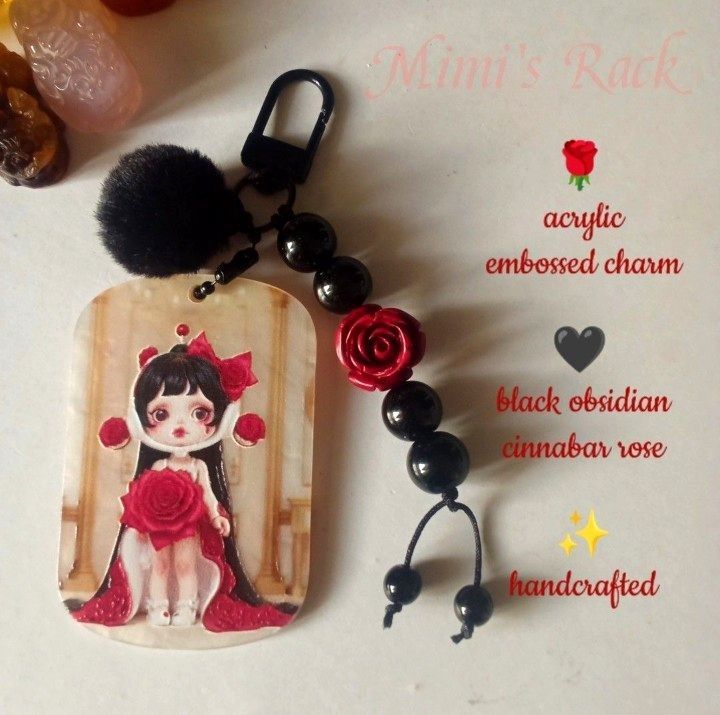 SKULLPANDA ROSE GEMSTONE KEYCHAIN/ BAG CHARM (Category: Charms) located in Taguig. Submitted by mimisrack (Listing ID 1459479609, Image 2). Description: 🖤Add a bold elegant collector-core vibe to your bags and keys with this handcrafted Skullpanda-inspired keychain featuring glossy black gemstone beads and dramatic rose details Perfect for Skullpanda collectors, dark coquette lovers, and statement accessory fans! -Dark romantic aesthetic -Perfec