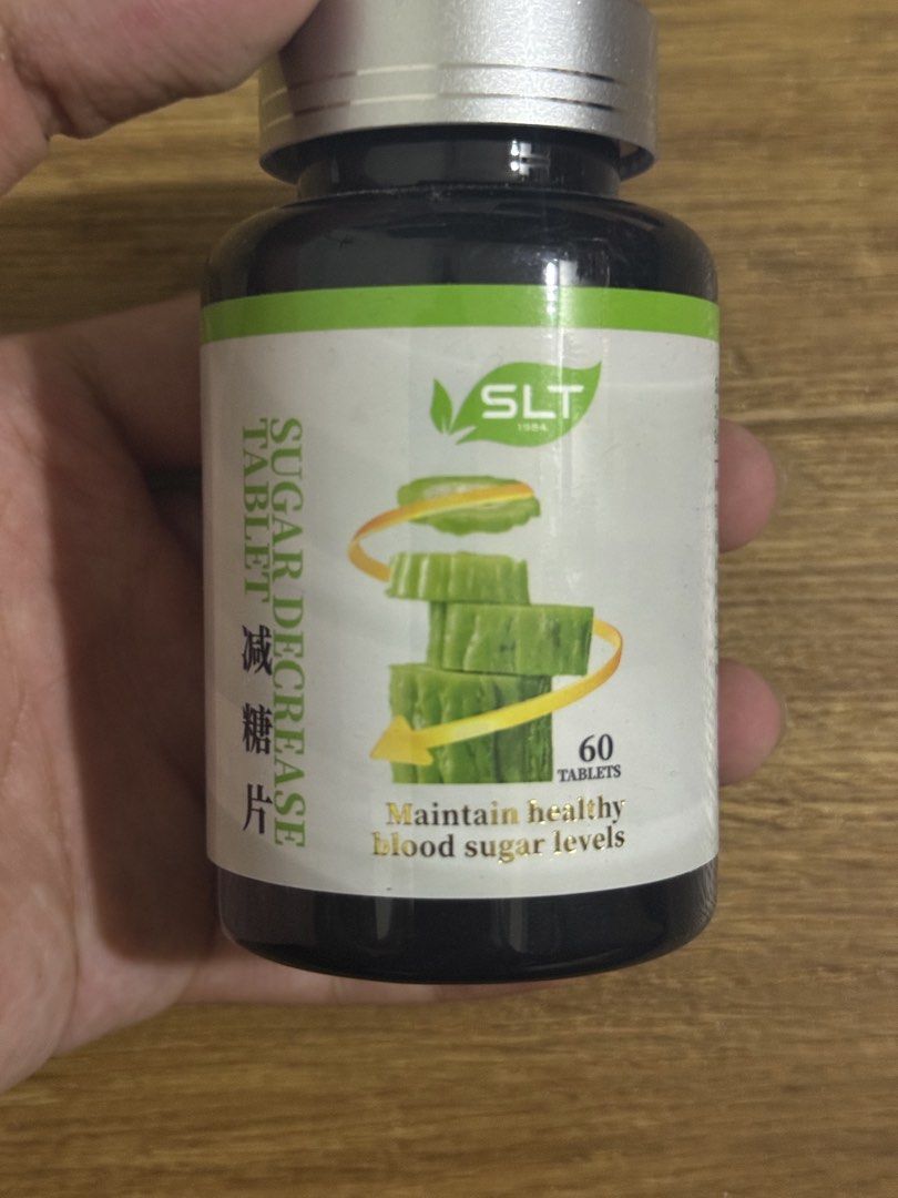 SLT Sugar Decrease Tablets - Maintain Healthy Blood Sugar Levels (Category: Vitamins & Supplements) located in Singapore. Submitted by battery.matters (Listing ID 1459437203, Image 1). Description: - SLT Sugar Decrease Tablets - Supports healthy blood sugar levels - Aids in glucose metabolism - Key Ingredients: Bitter Melon, Mulberry Leaf, Gymnema Silvestre, and more - Dosage: Take 1 tablet twice daily with food - Storage: Keep sealed in a cool, 