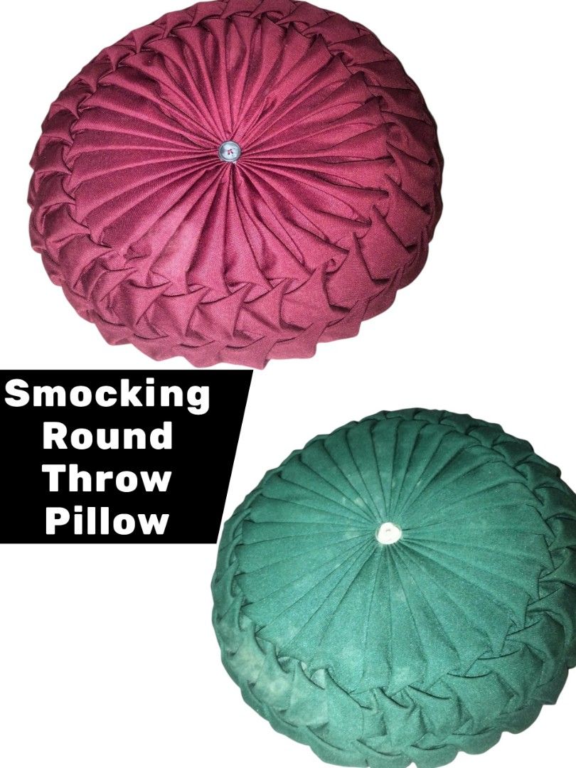 Smocking Pillow Case and Round Throw Pillows (Category: Bedding & Towels) located in Caloocan City. Submitted by fmpollante17-16382 (Listing ID 1459418583, Image 2). Description: - Unique white smocking pillow case for added texture. - Available in round throw pillows: burgundy and dark green. - Features intricate smocking design all over. - Enhances any couch or bed decor. - Perfect for home styling..