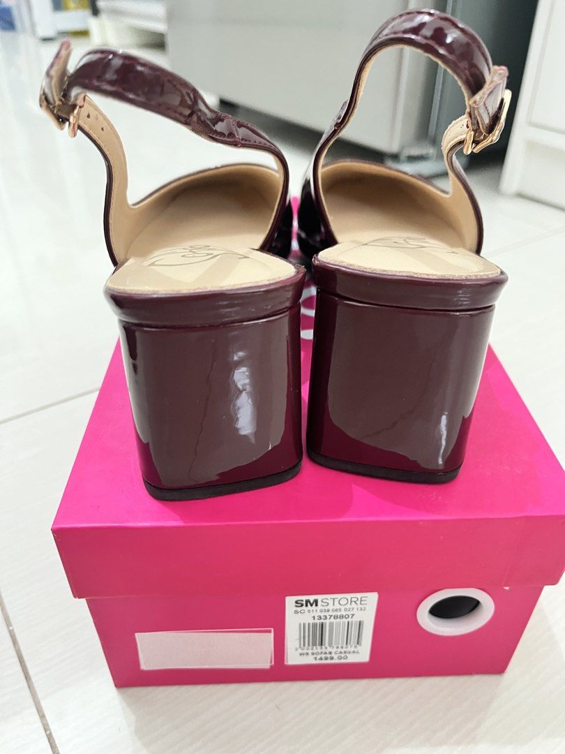 SO FAB Slingback Heels Burgundy Size 40 (Category: Heels) located in Makati City. Submitted by lfaaaaa (Listing ID 1459310584, Image 2). Description: - Square toe design - Adjustable ankle strap - Comfortable block heel - Size 40 - Original box included -Used only once (orig price is 1,499 pesos) -No return once sold (size is already indicated in the listing).