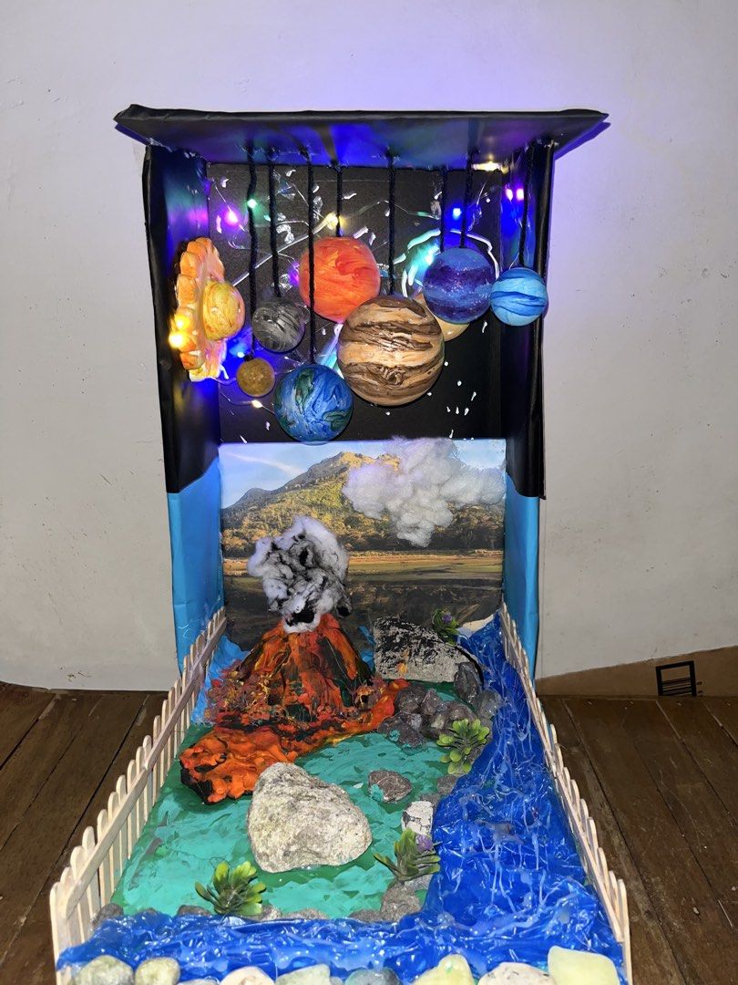Solar System and Volcano Diorama with Lights (Category: Figurines & Statues) located in Manila. Submitted by kofieematch (Listing ID 1459454809, Image 1). Description: - Handmade diorama featuring a solar system and a volcano scene. - Planets hang with lights. - Volcano erupts with realistic smoke and lava effects. - Includes a river and plants at the bottom. - Ideal for school projects or as a unique display piece..