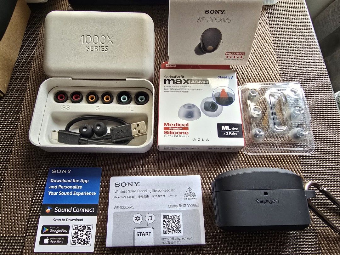 Sony WF-1000XM5 Earbuds (Category: Earphones) located in Paranaque City. Submitted by r3tr0_n3m3sis (Listing ID 1459344033, Image 2). Description: Sony WF-1000XM5 Wireless Noise Cancelling Earbuds Inclusions: - Sony WF-1000XM5 Earbuds (Black) - Sony Type C Charging cable - Sony WF-1000XM5 Box and Manuals - Multiple ear tip sizes: SS, S, M, L - Comes with a Spigen Rugged Armor Case - Unused Original Ear Foam Tips - Free Azla Sedna Max ASMR Premium
