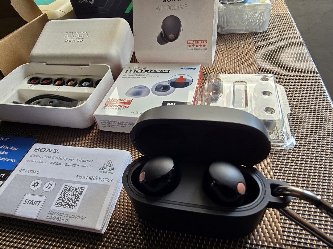 Sony WF-1000XM5 Earbuds (Category: Earphones) located in Paranaque City. Submitted by r3tr0_n3m3sis (Listing ID 1459344033, Image 3). Description: Sony WF-1000XM5 Wireless Noise Cancelling Earbuds Inclusions: - Sony WF-1000XM5 Earbuds (Black) - Sony Type C Charging cable - Sony WF-1000XM5 Box and Manuals - Multiple ear tip sizes: SS, S, M, L - Comes with a Spigen Rugged Armor Case - Unused Original Ear Foam Tips - Free Azla Sedna Max ASMR Premium