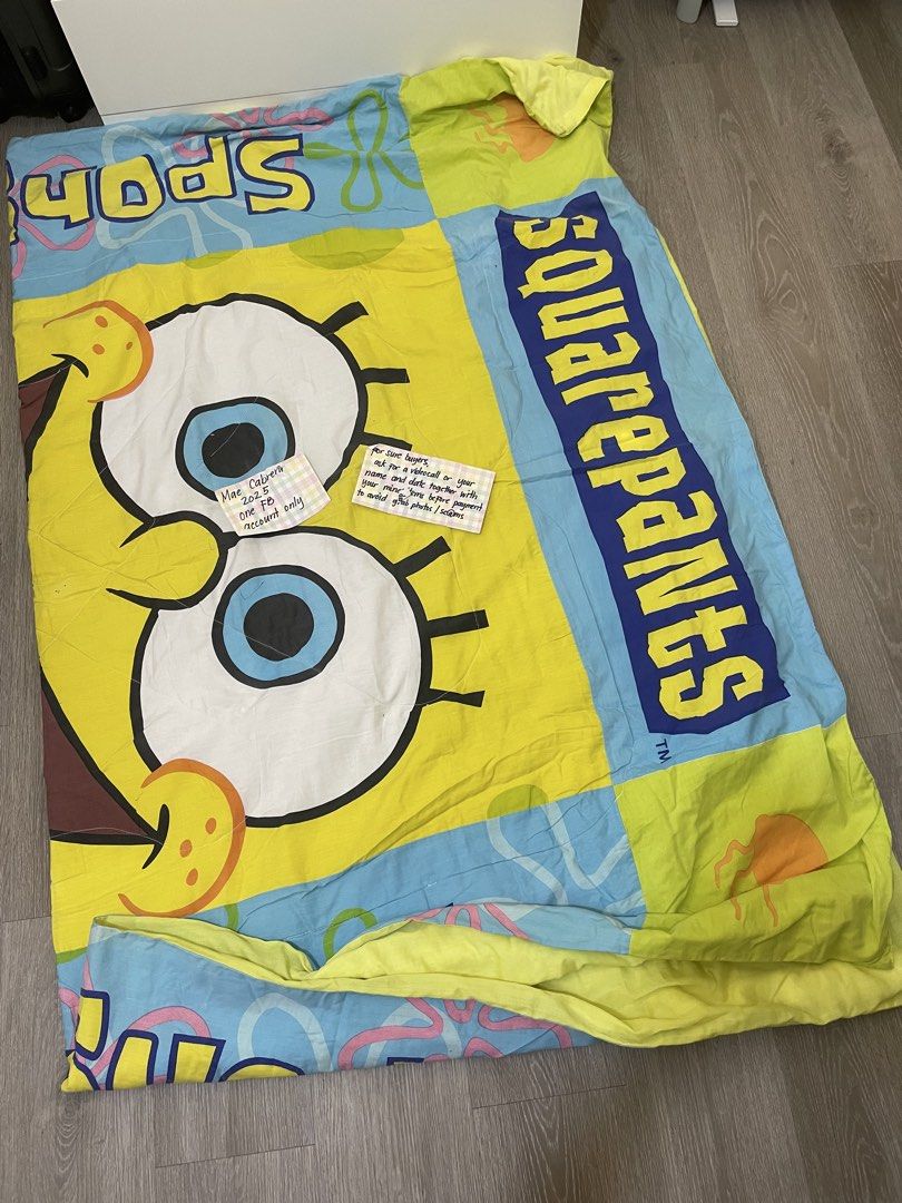 SPONGEBOB COMFORTER (Category: Bedding & Towels) located in Paranaque City. Submitted by maemae30 (Listing ID 1459452332, Image 2). Description: Spongebob comforter Malaki / makapal nakafold lang sa pic Pang queenzie Used Price: 300 Location: paranaque Ship: via lalamove, or pick up Mop: via gcash, bpi.