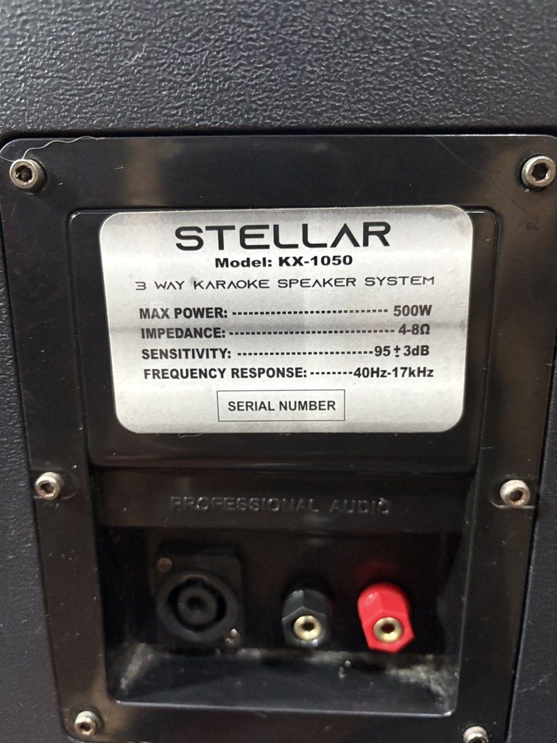 STELLAR KX-1050 3 Way Karaoke Speaker System 500W (Category: Soundbars, Speakers & Amplifiers) located in Manila. Submitted by feliciathegoattt (Listing ID 1459453045, Image 2). Description: STELLAR KX-1050 Karaoke Speakers LIKE NEW - Powerful 3-way speaker system - Max Power: 500W - Impedance: 4-8 Ohms - Sensitivity: 95 +/- 3dB - Frequency Response: 40Hz-17KHz - Ideal for parties and home karaoke setups RFS: BOUGHT ANOTHER SPEAKER.