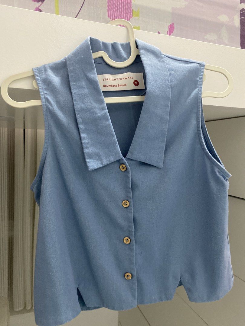 STRAIGHTFORWARD Boundless Basics Blue Sleeveless Collared Top Size S (Category: Sleeveless) located in Manila. Submitted by tonialalelilolu (Listing ID 1459395467, Image 1). Description: - Worn once only - bought for 499 (sale) - rfs: not my style .