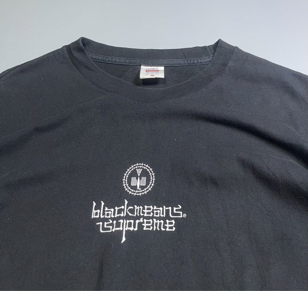 Supreme Blackmeans Long Sleeve (Category: Tshirts & Polo Shirts ) located in Zamboanga. Submitted by laffthrift_23 (Listing ID 1459443315, Image 2). Description: - Supreme x Blackmeans Long Sleeve T-Shirt - Size: XL - Color: Black - Features Japanese text on sleeves - Graphic print on the front - 100% Pre-shrunk Cotton - Made in USA Supreme x Blackmeans Condition: Very Good Color rate: 9.5/10 Size: XL Width: 24.5 Length 31.5 Issue: Minor hairline