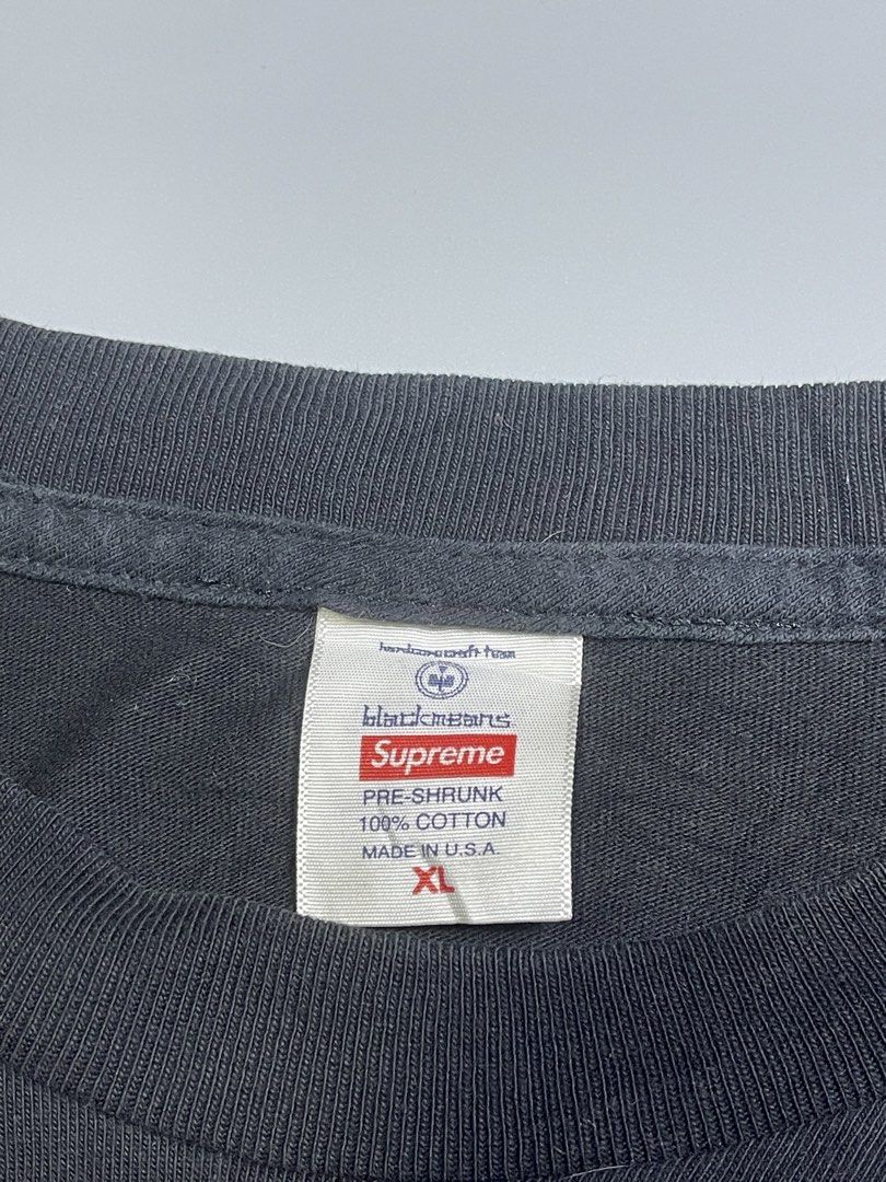 Supreme Blackmeans Long Sleeve (Category: Tshirts & Polo Shirts ) located in Zamboanga. Submitted by laffthrift_23 (Listing ID 1459443315, Image 3). Description: - Supreme x Blackmeans Long Sleeve T-Shirt - Size: XL - Color: Black - Features Japanese text on sleeves - Graphic print on the front - 100% Pre-shrunk Cotton - Made in USA Supreme x Blackmeans Condition: Very Good Color rate: 9.5/10 Size: XL Width: 24.5 Length 31.5 Issue: Minor hairline