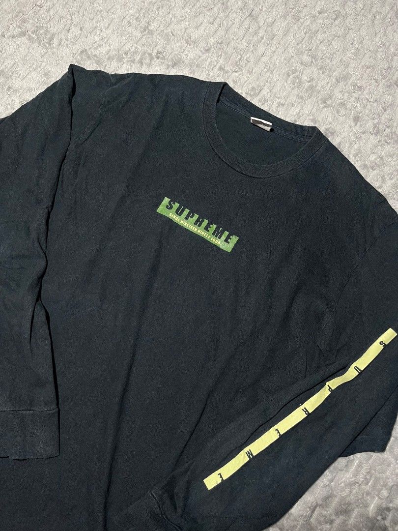 Supreme Long Sleeve T-Shirt (Category: Tshirts & Polo Shirts ) located in Cagayan de Oro. Submitted by smoothstyle (Listing ID 1459332846, Image 2). Description: Supreme Long Sleeve T-Shirt Good condition 8.5/10 color rate Size M dimes: 21x28.5 Issue: 2 small pinhole.