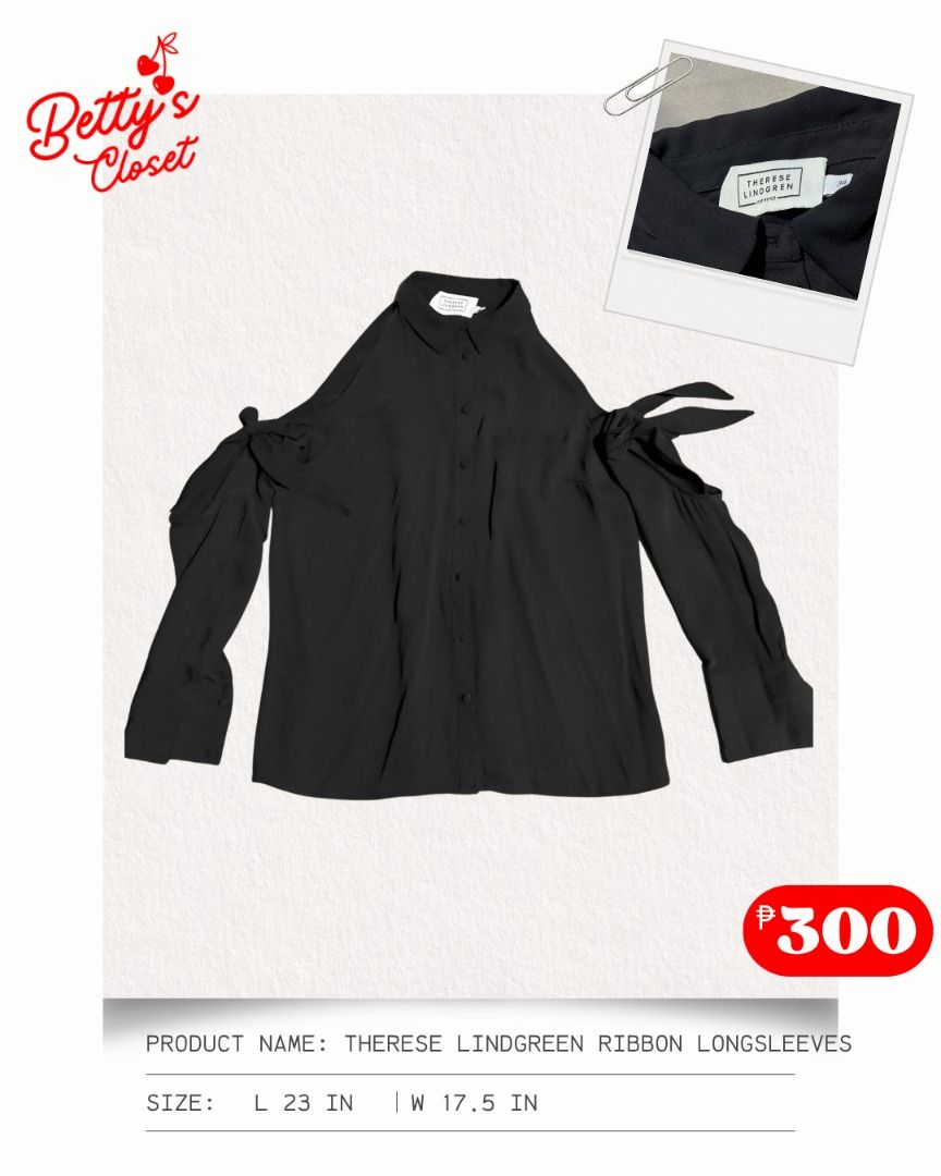Therese Lindgreen Ribbon Longsleeves (Category: Longsleeves) located in Manila. Submitted by bettys.closet (Listing ID 1459427079, Image 1). Description: BETTY’S CLOSET 🧺💕 W 17.5 IN L 23 IN NO ISSUE 📍 Location: Quezon City 💸 MOP: GCash / MariBank 🚚 Courier: Lalamove / J&T Please check the size and measurements posted in each item before claiming. Colors may slightly vary depending on the lighting and your screen..