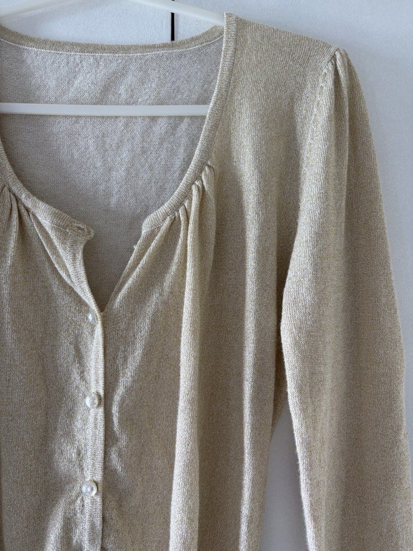 THRIFTED gold cardigan (Category: Coats, Jackets and Outerwear) located in Quezon City. Submitted by iwishyoutulips (Listing ID 1459432399, Image 3). Description: - so so cute - thin and breathable - fabric is a bit itchy but tolerable mop: gcash/bank transfer mod: jnt/lalamove tags: coquette sawako aesthetic cute dollete uniqlo h&m zara cotton on bebe vintage.