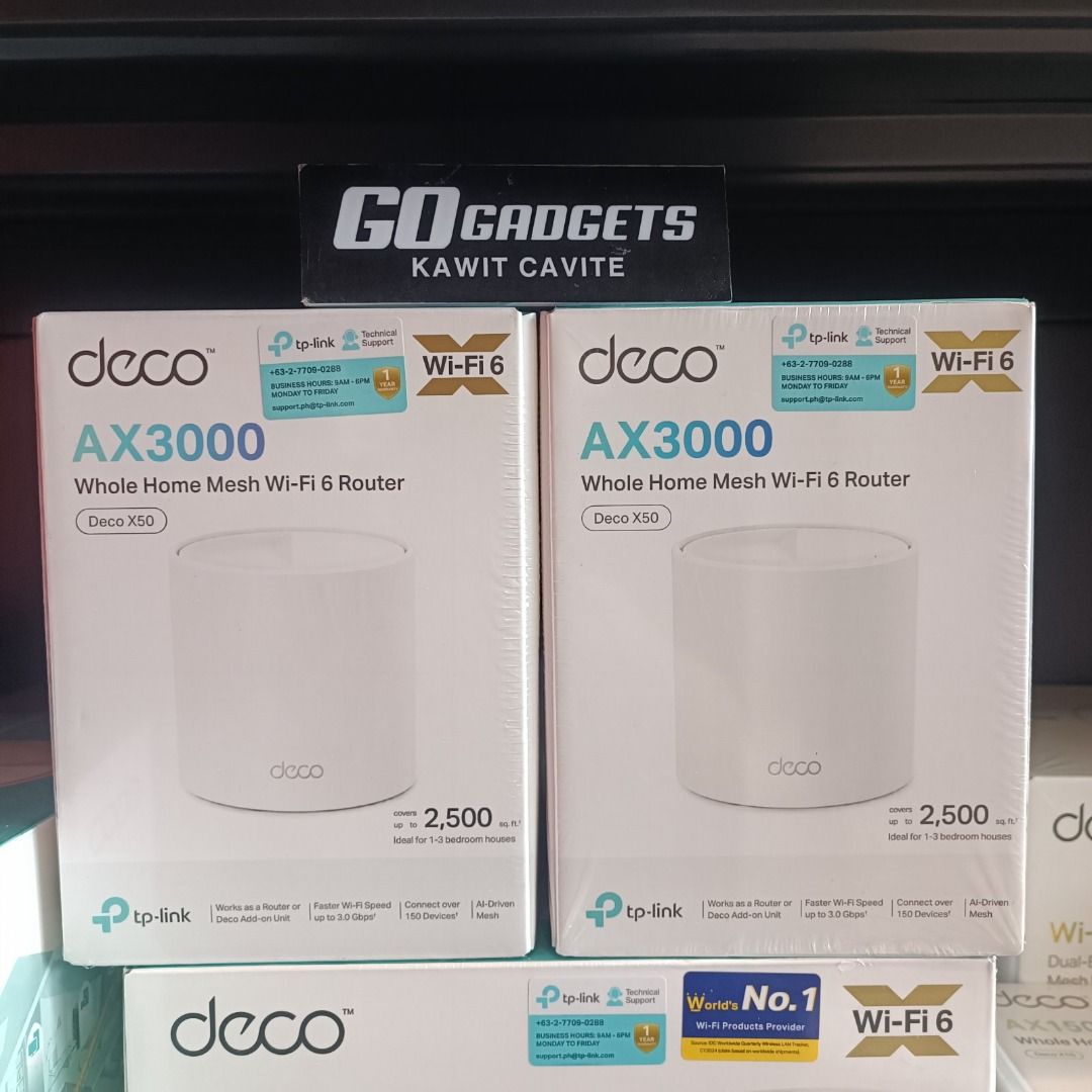 TP-Link Deco X50 AX3000 Wi-Fi 6 (1-Pack) (Category: Networking) located in Caloocan City. Submitted by kentsalvador31 (Listing ID 1459374887, Image 1). Description: TP-Link Deco X50 (1-Pack) Mabilis at maaasahang AX3000 Wi-Fi 6 upgrade para sa tahanan! 🚀 Abot hanggang 2,500 sq. ft. na coverage (ideal for 1–3 bedrooms), speeds up to 3.0 Gbps, AI-Driven Mesh, at kayang magkonek ng higit 150 devices nang sabay-sabay! 📶⚡ Go Gadgets - Kawit Cavite �