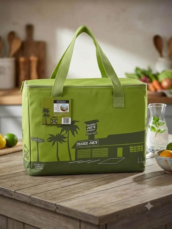 Trader Joe's Cooler Bag - Green (Category: Food Organization & Storage) located in Manila. Submitted by onfleekapparelph (Listing ID 1459424603, Image 1). Description: - Bright green Trader Joe's cooler bag - Features a fun graphic of the store and palm trees - Ideal for picnics, grocery runs, or beach days - Effectively keeps food and drinks cold - Equipped with sturdy handles for easy carrying - Secure zip-up closure.
