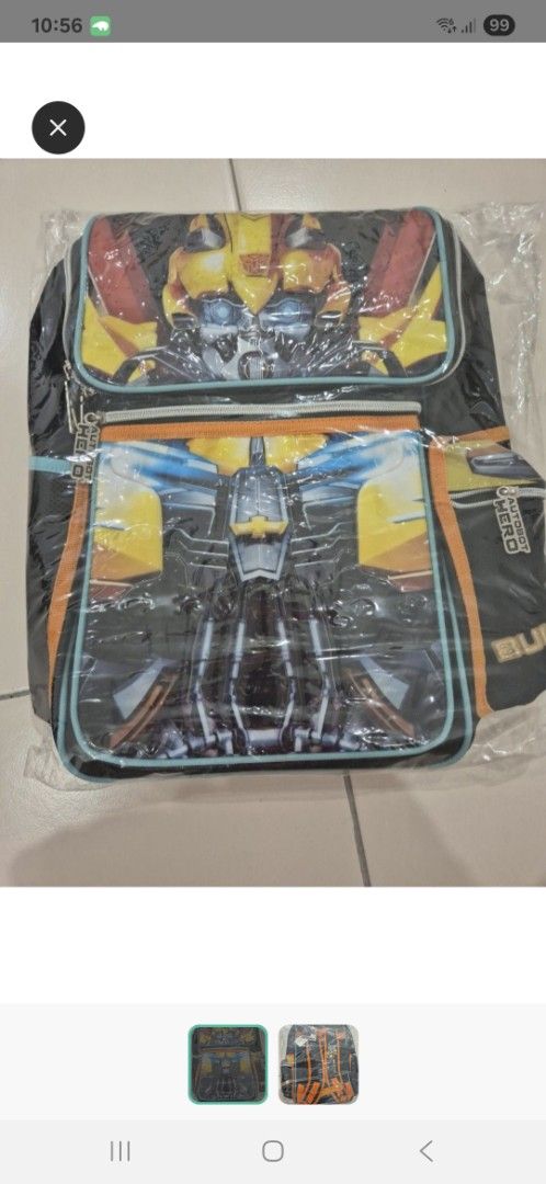 Transformers Bumblebee Backpack (Category: Backpacks) located in Cheras. Submitted by clover8803 (Listing ID 1459314935, Image 1). Description: - Officially licensed Transformers backpack featuring Bumblebee - Spacious main compartment for books and essentials - Convenient front zip pocket for smaller items - Comfortable orange straps for easy carrying - Ideal for school, travel, or everyday use toddler 3yo and above COD bandar tun hussein onn po