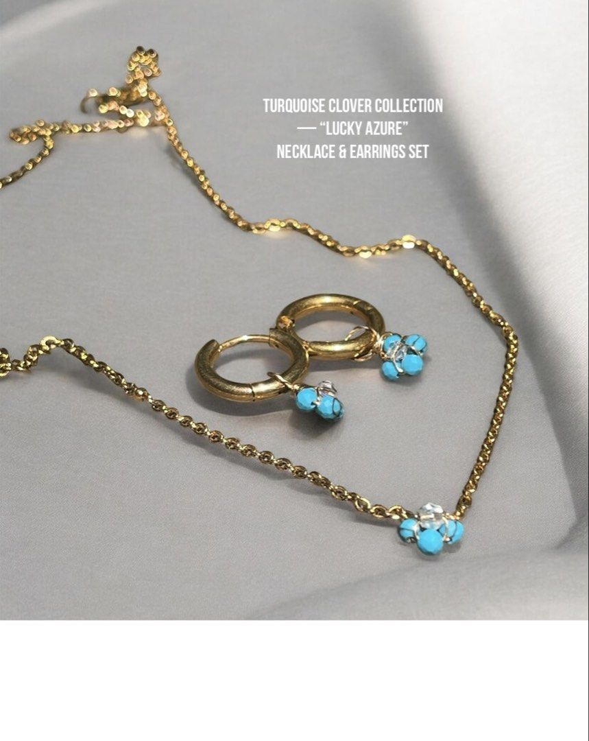 Turquoise Clover Necklace & Earrings Set (Category: Precious Stones) located in Muntinlupa City. Submitted by alabangbargains (Listing ID 1459321300, Image 1). Description: watch item video here: ₱: Set price for Necklace & Earrings Sold as set MOP: gcash or bank transfer NO COD 🚚: SF for payment & booking of buyer Handmade Turquoise Jewelry A charming collection inspired by the four-leaf clover, symbolizing luck, hope, love, and happiness. Each