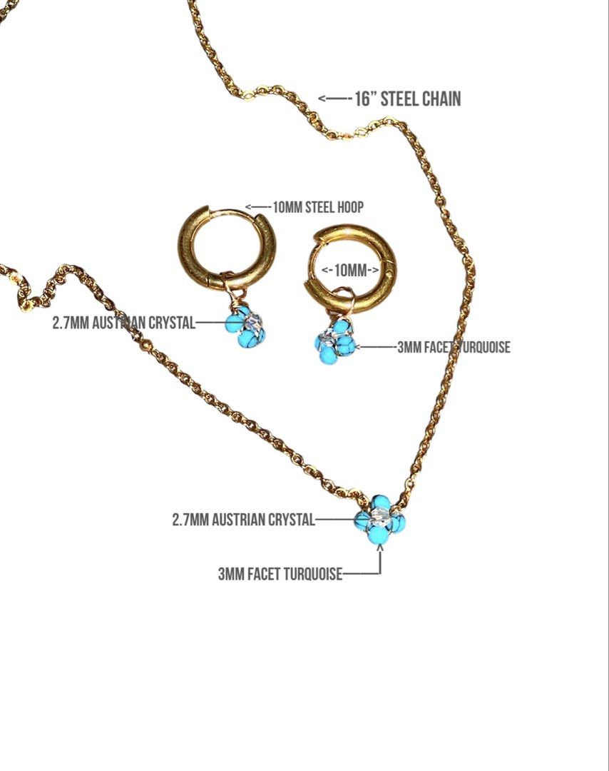 Turquoise Clover Necklace & Earrings Set (Category: Precious Stones) located in Muntinlupa City. Submitted by alabangbargains (Listing ID 1459321300, Image 2). Description: watch item video here: ₱: Set price for Necklace & Earrings Sold as set MOP: gcash or bank transfer NO COD 🚚: SF for payment & booking of buyer Handmade Turquoise Jewelry A charming collection inspired by the four-leaf clover, symbolizing luck, hope, love, and happiness. Each