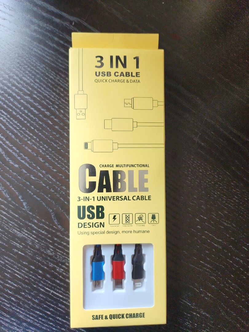 UsB cable (Category: Chargers & Cables) located in Singapore. Submitted by lay60 (Listing ID 1459362813, Image 1). Description: 3 in 1 USB cable.