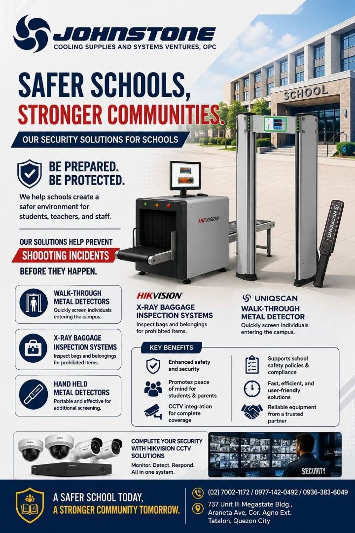 Walk through metal detector, baggage scanner, cctv (Category: Security Systems & CCTV Cameras) located in Quezon City. Submitted by balahaylaa00272 (Listing ID 1459319852, Image 1). Description: - Enhance school safety with Johnstone's security solutions. - Quick screening with walk-through and hand-held metal detectors. - Inspect for prohibited items using Hikvision X-ray baggage inspection systems. - Comprehensive monitoring with Hikvision CCTV
