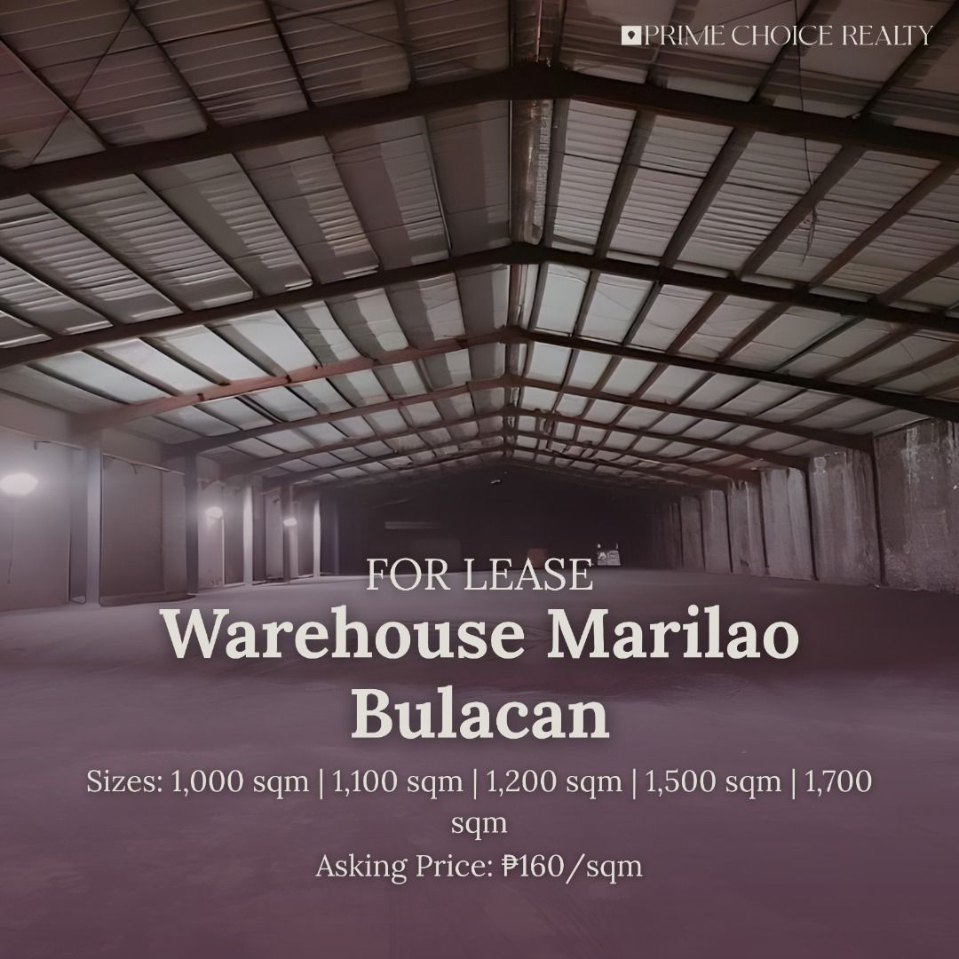 Warehouse in Marilao, Bulacan (Category: Commercial) located in Quezon City. Submitted by primechoicerealtyinc (Listing ID 1458122726, Image 1). Description: FOR LEASE Warehouse in Marilao, Bulacan Available Sizes: • 1,000 sqm • 1,100 sqm • 1,200 sqm • 1,500 sqm • 1,700 sqm Asking Price: ₱160/sqm Ideal for warehousing, storage, logistics, and business operations. Contact us for more details and to schedule a viewing: +63924 128 1040.