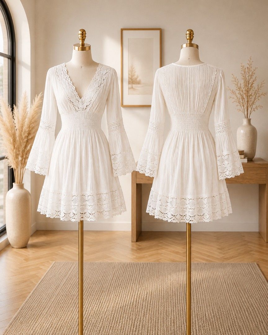 White Lace Trim Dress (Category: Dresses) located in Manila. Submitted by rechelnaparan (Listing ID 1411260461, Image 1). Description: - White dress with lace detailing - Long sleeves with flared design - Flattering silhouette - Made of lightweight fabric - Suitable for casual and special events Fit to xs to medium.