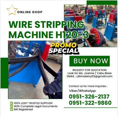 Wire Stripping Machine H120-3 (Category: Construction Tools & Equipment) located in Caloocan City. Submitted by joanna165_ocean (Listing ID 1459385661, Image 1). Description: Stripping diameter : 10-120mm Motor : 3kw(Geared Motor) Number of Holes : 2 (adjustable holes) Number of Blades : 4 Round Blades Dimensions : L760*W470*H1300(mm)/L29.9*W18.5*H51.2(inch) Weight : 223kg Daily Input : 800-2000kg Voltage : 220V/380V (customized) Terms Of Payment
