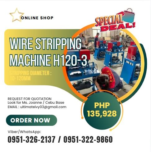 Wire Stripping Machine H120-3 (Category: Home Improvement Tools & Accessories) located in Malabon City. Submitted by moannataga43633 (Listing ID 1459385939, Image 1). Description: Stripping diameter : 10-120mm Motor : 3kw(Geared Motor) Number of Holes : 2 (adjustable holes) Number of Blades : 4 Round Blades Dimensions : L760*W470*H1300(mm)/L29.9*W18.5*H51.2(inch) Weight : 223kg Daily Input : 800-2000kg Voltage : 220V/380V (customized) Terms Of Pa