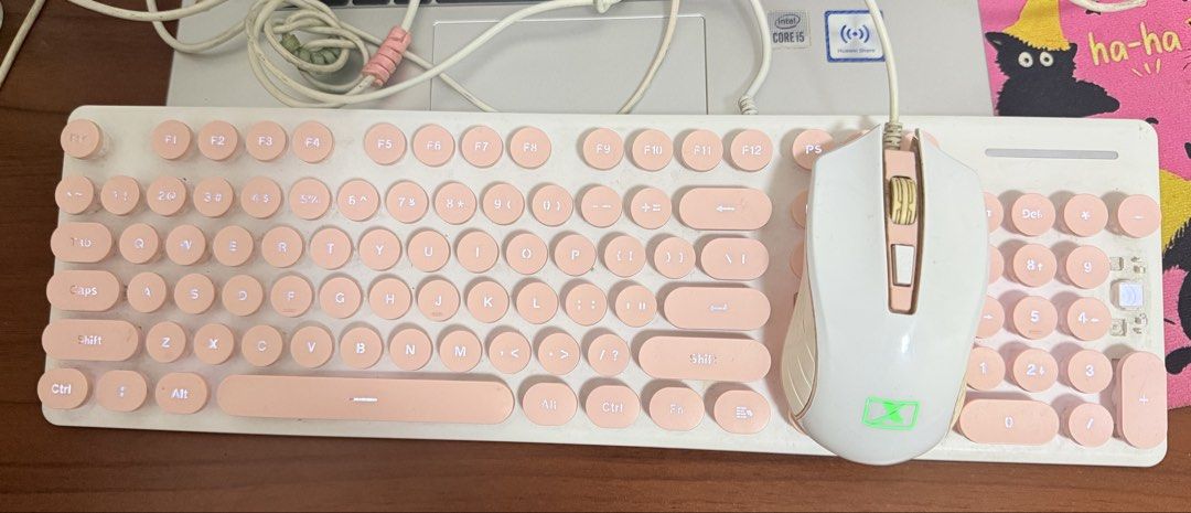 WIRED PINK KEYBOARD AND MOUSE with BACKLIT (Category: Computer Keyboard) located in Marilao. Submitted by hannahjrmn (Listing ID 1459426409, Image 1). Description: missing 1 keycap working.
