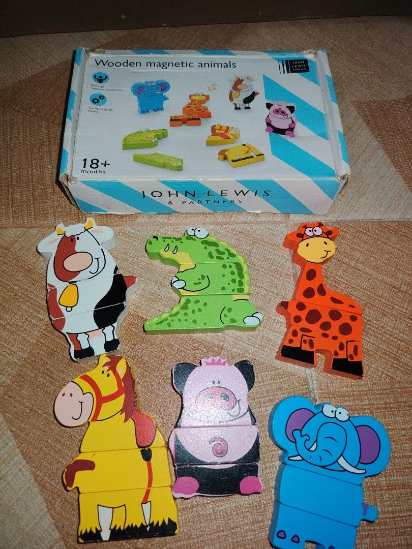 Wooden Magnetic Animals Preloved (Category: Educational & Learning Toys) located in Santiago. Submitted by aceheart0118672 (Listing ID 1459294853, Image 1). Description: - Preloved Wooden Magnetic Animals set - Brand: John Lewis & Partners - Recommended Age: 18+ months - Material: Wood with magnetic backing - Features: Develops hand-eye coordination, Teaches problem solving - Includes: Cow, Alligator, Giraffe, Horse, Pig, Elephant - Condition: Go