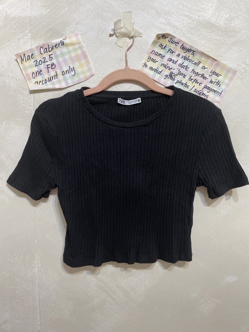 ZARA CROP TOP BLACK (Category: Shirts) located in Paranaque City. Submitted by maemae30 (Listing ID 1459354348, Image 1). Description: Zara crop top black Small Used twice only Price: 150 (fixed) Note: no when worn photo Selling low for faster disposal Location: paranaque Ship: via lalamove, jnt (for items up to large pouch) or pick up.