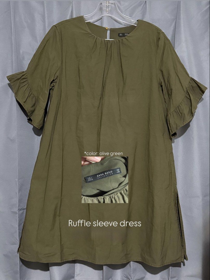 ZARA Olive Green Ruffle Dress (Category: Dresses) located in Pasay City. Submitted by janatrisha (Listing ID 1459465370, Image 1). Description: Olive green dress from ZARA - cute ruffle sleeves - Fabric has a nice, textured feel - Side slits with inner for comfortable movement - Ideal for casual occasions Size: Large First to pay basis only Gcash | BDO Delivery c/o buyer.