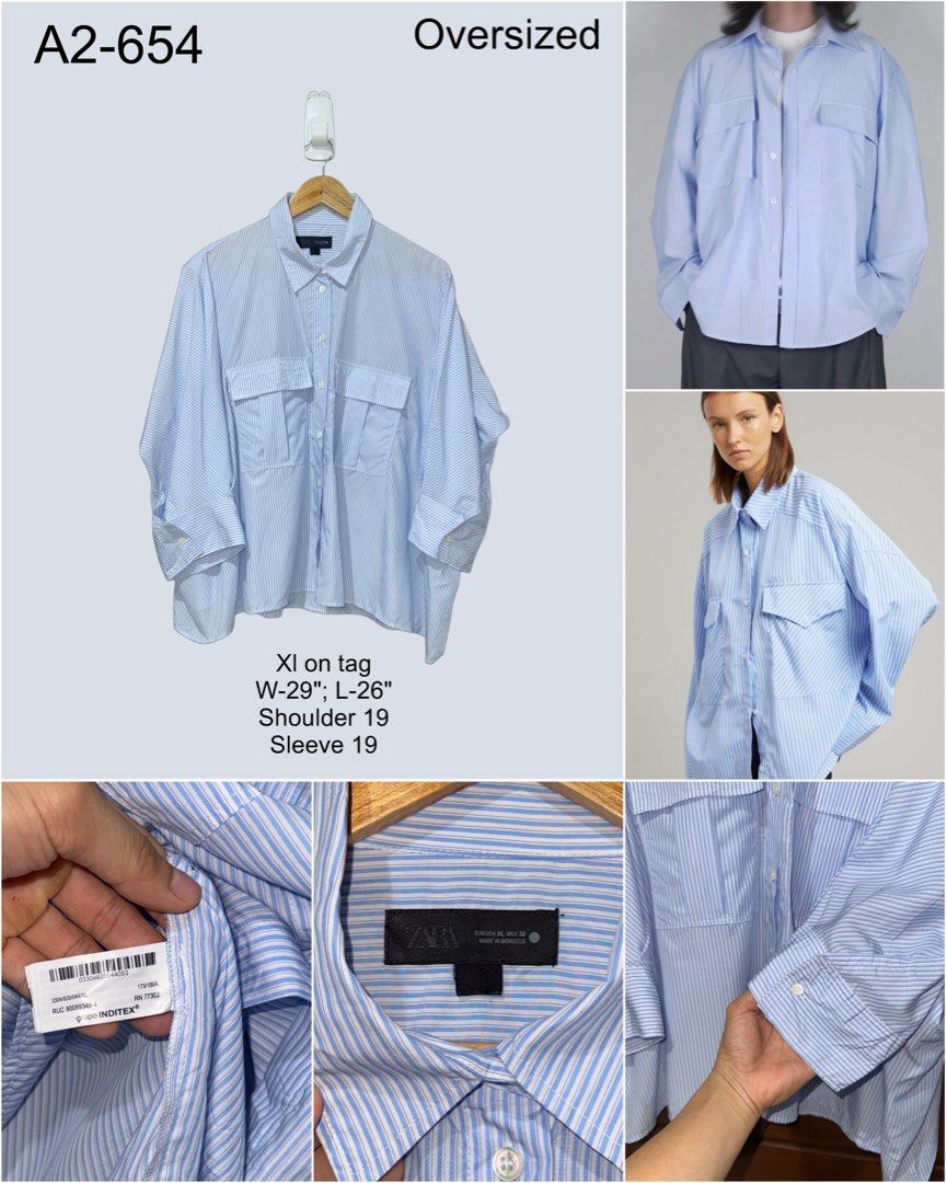 Zara Oversized Button Down Light Blue Vertical Striped (Category: Longsleeves) located in Digos. Submitted by appareall (Listing ID 1459401163, Image 2). Description: A2-654 Approximate measurement (taken flat in inches) Size on tag: XL Width (pit to pit): 29 Length: 26 Shoulder: 19 Sleeve length: 19 Material: Cotton .