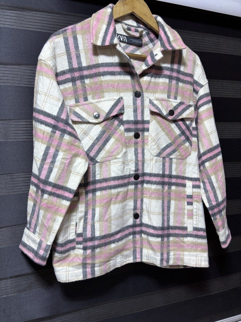 Zara Plaid Shacket utility Jacket Pink Beige Grey (Category: Coats, Jackets and Outerwear) located in Pasig City. Submitted by abogadosupremo (Listing ID 1459341653, Image 3). Description: - Zara shacket - Plaid pattern (pink, beige, grey) - Two chest pockets with button closures - Button-up front - Cozy and stylish design - Ideal for layering , Office wear - 100% Legit and Authentic - Very Good Condition - Color may vary due to lighting - No iss