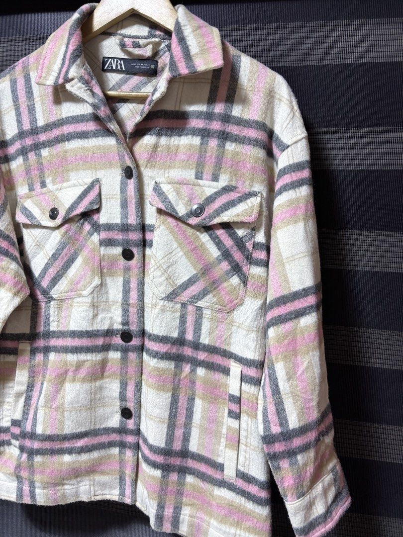 Zara Plaid Shacket utility Jacket Pink Beige Grey (Category: Coats, Jackets and Outerwear) located in Pasig City. Submitted by abogadosupremo (Listing ID 1459341653, Image 2). Description: - Zara shacket - Plaid pattern (pink, beige, grey) - Two chest pockets with button closures - Button-up front - Cozy and stylish design - Ideal for layering , Office wear - 100% Legit and Authentic - Very Good Condition - Color may vary due to lighting - No iss